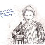 Praca ucznia narysowana ołówkiem. Na obrazku Maria Skłodowska Curie podpiera głowę ręką, kobieta mówi "Nie wiem co lepsze: Bycie guwernantka czy laborantką"