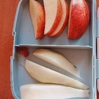 śniadaniówka ucznia z pokrojonymi gruszkami i jabłkami