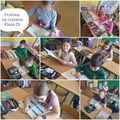 kolaż sześciu zdjęć, uczniowie siedzą przy ławkach i czytają książki, zdjęcie podpisane - przerwa na czytanie, klasa 2b