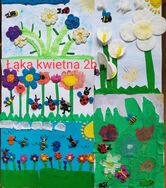 Łąka kwietna widziana oczami dzieci. Obrazek podpisany: łąka kwietna 2b, kolaż 5 obrazków, na których są kolorowe kwiaty na łące, motyle i pszczoły zrobione z płatków kosmetycznych i plasteliny.