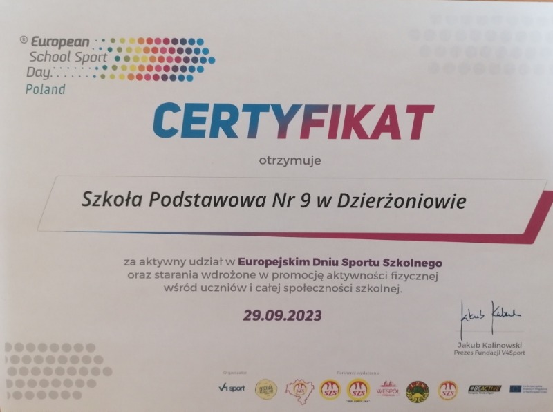 certyfikat dla Szkoły Podstawowej numer 9 w Dzierżoniowie za aktywny udział w Europejskim Dniu Sportu Szkolnego, 29.09.2023